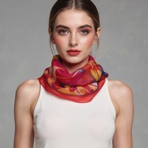 Trevira Vintage Floral Scarf Red Orange Blue Sheer Rectangular Lightweight 60x11